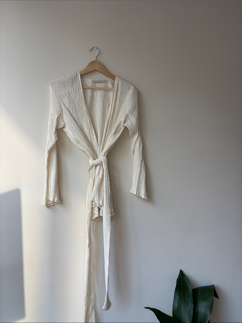 Women's Cream Wrap Robe - Lightweight Textured Tie Waist